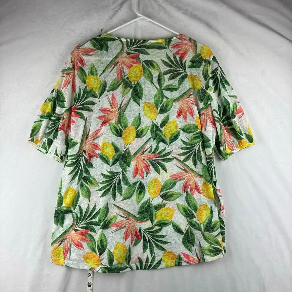 Ruby Rd Short Sleeve T-Shirt Top Women's XL Yellow Lemon Tropical Floral Resort